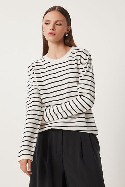 Happiness İstanbul Women's Ecru Black Striped Seasonal Knitwear Sweater Kb00041