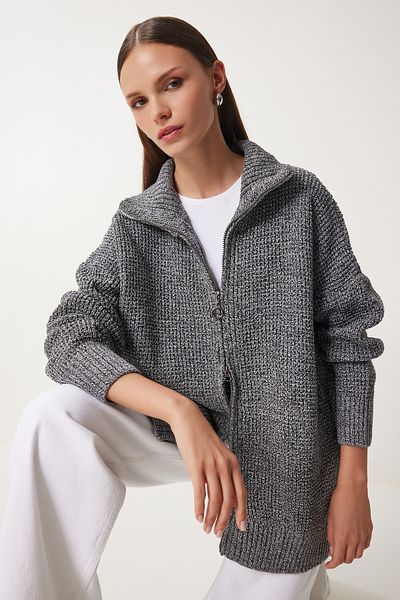 Happiness İstanbul Women's Anthracite Stand Collar Zippered Knitwear Cardigan Us00937