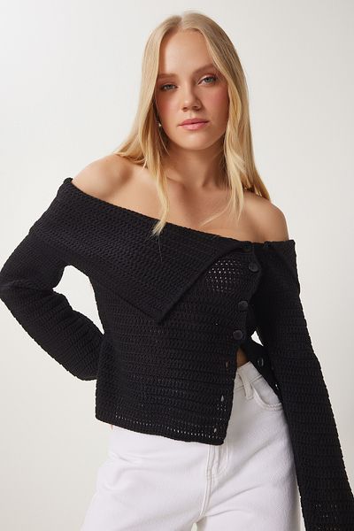 Happiness İstanbul Women's Black Buttoned Low Carmen Collar Knitwear Blouse Fn03377