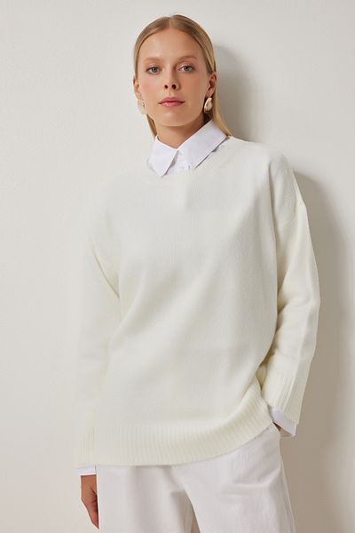 Happiness İstanbul Ecrufarbener Oversize-Strickpullover für Damen PN00054