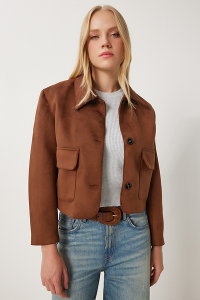 Happiness İstanbul Dámska hnedá semišová bunda so širokým vreckom Fk00011