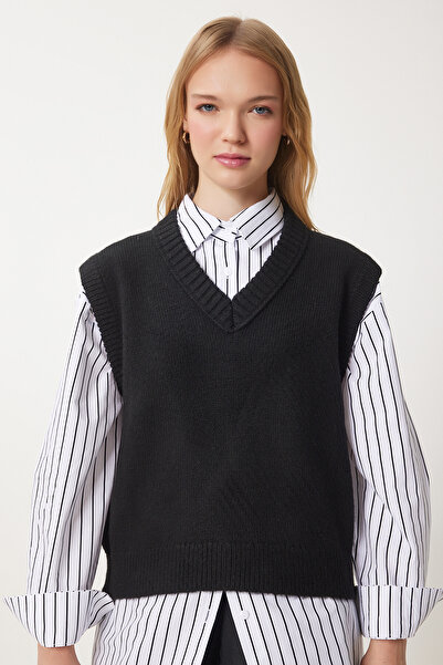 Happiness İstanbul Жіночий чорний светр з V-подібним вирізом Suveter PF00099