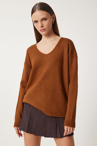 Happiness İstanbul Taba Strickpullover mit V-Ausschnitt für Damen ZA00063