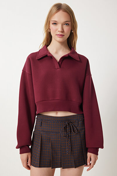 Happiness İstanbul Dámská vínová pletená mikina Polo Neck Raised Crop Hw00014