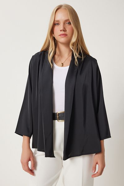 Happiness İstanbul Schwarze Damenjacke mit Schalkragen und stilvoller Satinoberfläche MC00291