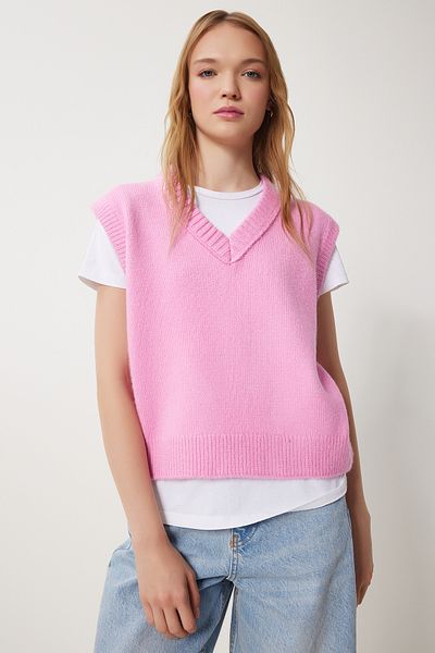 Happiness İstanbul Rosafarbener Strickpullover mit V-Ausschnitt für Damen PF00099