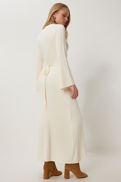 Happiness İstanbul Women's Bone Belted Corded Long Knitwear Dress Kİ00108