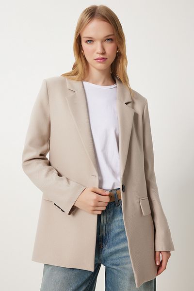 Happiness İstanbul Jachetă blazer țesătă căptușită bej pentru femei HL00005