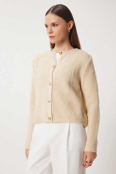 Happiness İstanbul Dámská tmavě krémová bunda Boucle pletená bunda Cardigan YY00117