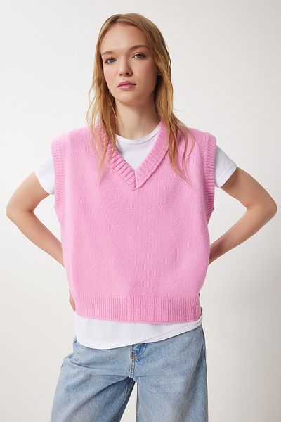 Happiness İstanbul Rosafarbener Strickpullover mit V-Ausschnitt für Damen PF00099