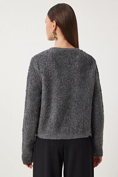 Happiness İstanbul Dámská antracitová bunda Boucle pletená bunda Cardigan YY00117