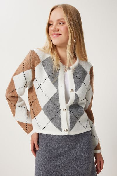 Happiness İstanbul Women's Mink Ecru Diamond Patterned Knitwear Cardigan Us00939
