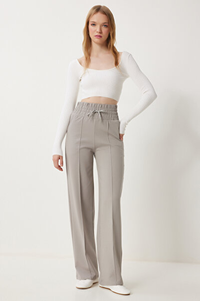 Happiness İstanbul Dámské světle šedé základní pletené tepláky s kapsami Xr00018