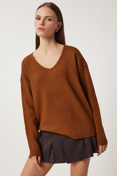 Happiness İstanbul Taba Strickpullover mit V-Ausschnitt für Damen ZA00063