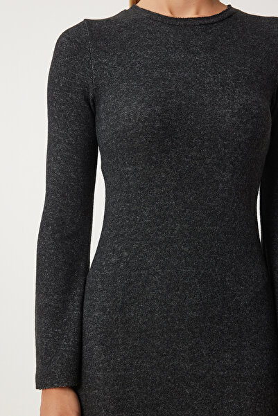 Happiness İstanbul Kadın Antrasit Bisiklet Yaka Saran Yün Örme Elbise RG00043