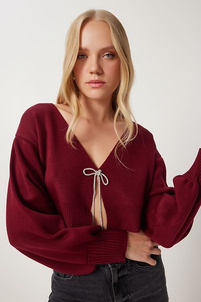 Happiness İstanbul Burgunderrote Strickjacke mit Steinen und Schleife für Damen Kİ00110