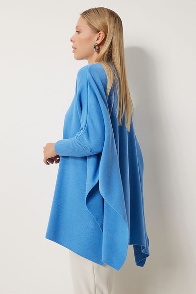 Happiness İstanbul Indigoblauer Oversize-Ponchopullover mit seitlichem Schlitz für Damen YY00005