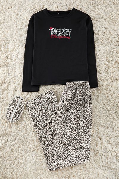 Trendyol Collection Černé bavlněné pyžamo s leopardím vzorem – pásek na spaní Thmaw25Pt00223
