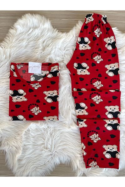 Pijamacs Red Teddy Bear Patterned Suede Crew Neck Long Sleeve Pajama Set