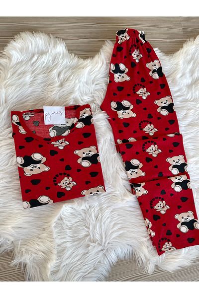 Pijamacs Red Teddy Bear Patterned Suede Crew Neck Long Sleeve Pajama Set