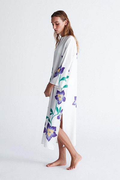 Peraluna White Floral Patterned V-Neck Midi Caftan - Split Petunia Women's Caftan