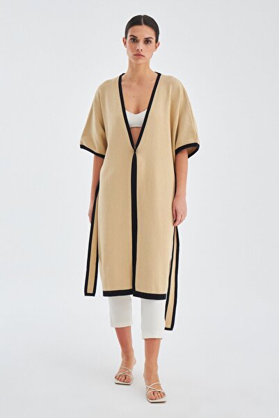 Peraluna Soho Kısa Kollu %100 Pamuk Kadın Triko Kimono Bej/siyah