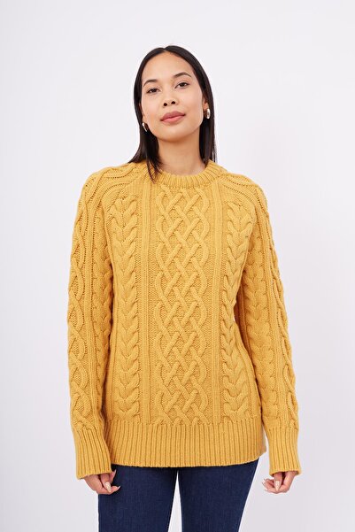 Peraluna Denız Cable Pullover Saç Örgülü Bisiklet Yaka Unisex Triko Kazak - Sarı