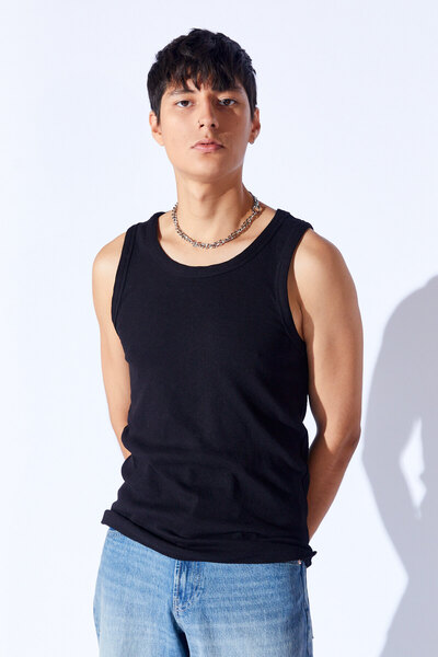 Manche Халтер-комір Ribana Lüx якість чоловічий лікра майка | Чорний MNN7310055-1