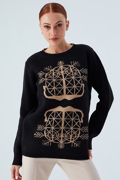Peraluna Pulover de damă lung din lână Jacquard Pulover - negru