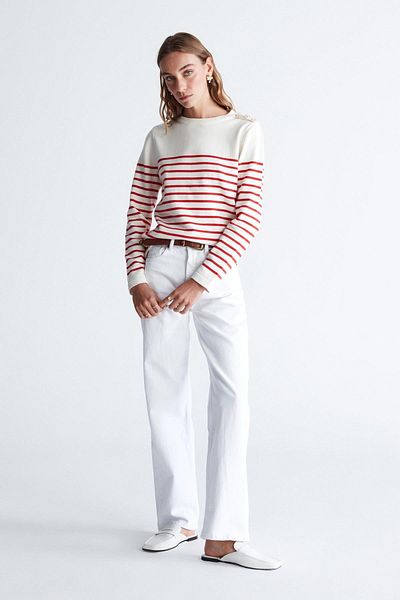 Peraluna Pulover Styleboom X Audrey, cu umeri, cu dungi, bumbac organic, sezonier, tricotaje pentru femei