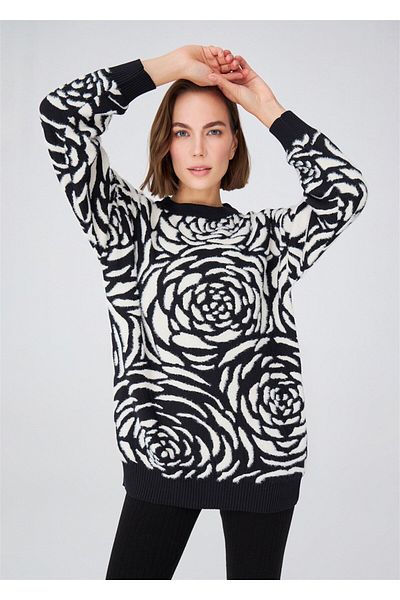 Peraluna Rose Patterned Jacquard Loose Cut Women's Knitwear Tunic - Black/Cream