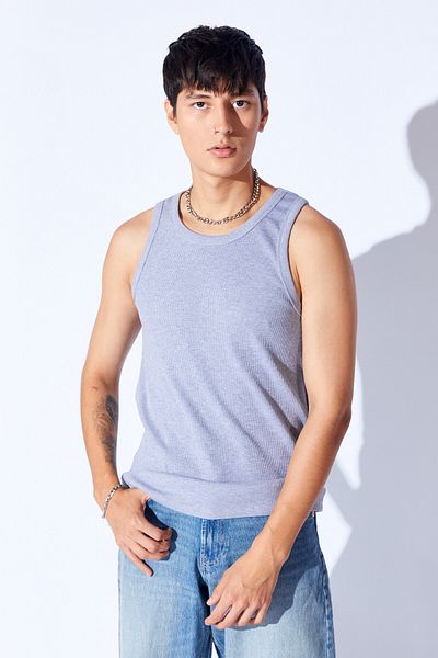Manche Halter Collar Rib Luxury Quality Men's Lycra Tank Top |   Gray Mnn 7310055 -1