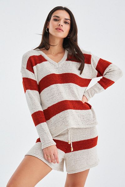 Peraluna Sıena Blouse & Shorts Striped Long Sleeve Women's Knitwear Shorts Set - Cream/Stone