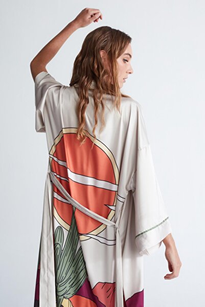 Peraluna 122 cm Midi Length Belted Satin Cactus Kimono - Stone
