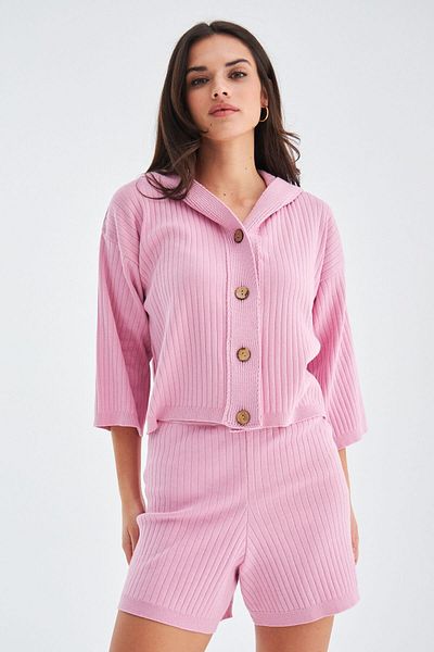 Peraluna Candy Pink Women's Knitwear Cardigan and Shorts Set - 100% Cotton