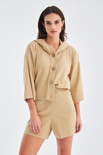 Peraluna Mujo Cardıgan & Shorts %100 Pamuk Kadın Triko Şort Takım - Bej