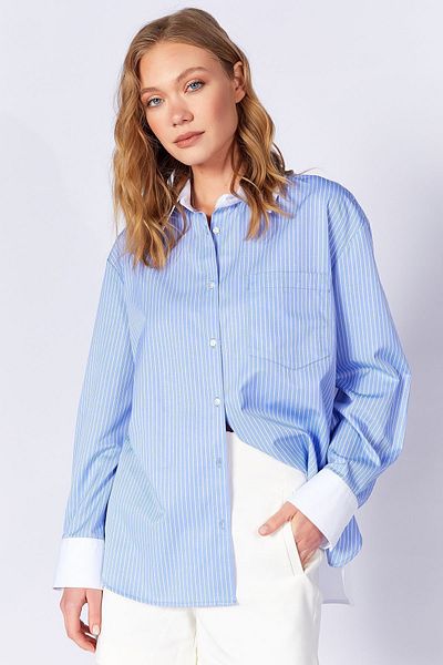 Manche Long Sleeve Oversize Striped Shirt with Collar Cuff and Back Detail |   Blue Mks 169143 -01