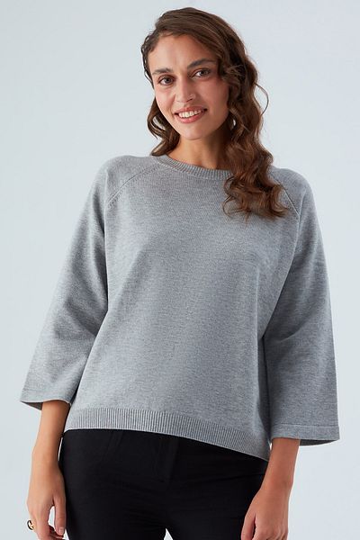 Peraluna Nell Pullover - Pulover de damă, cu mâneci 3/4, tricotaje gri, cu fantă laterală
