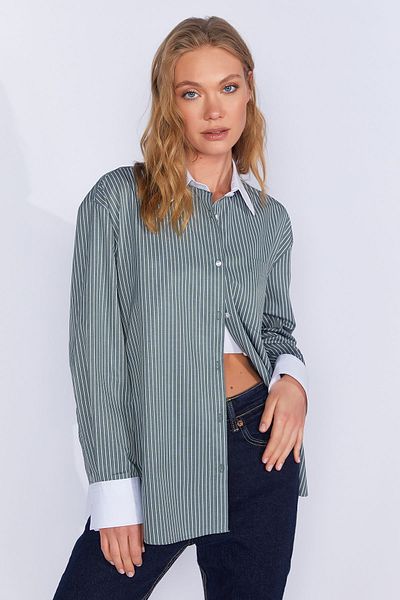 Manche Long Sleeve Oversize Striped Shirt - Collar Cuff and Back Detail |   Khaki Mks 169143 -01