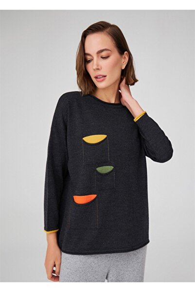 Peraluna Loose Cut Crew Neck Three Pocket Women's Knitwear Sweater - Anthracite Melange