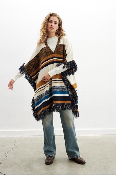 Peraluna MELODY PONCHO - Striped, Wool Blend Knee Length, Tasseled Women's Knitwear Poncho