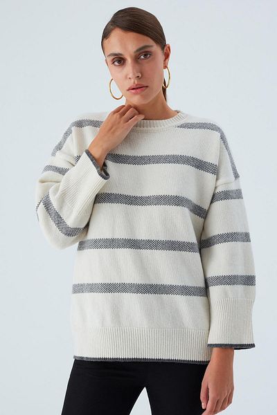 Peraluna Carla Pullover - Pulover de damă din lână cu dungi - Ecru