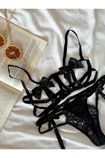 ROZENİN LINGERIE Μαύρο Σετ 3 Φανταχτερό Σετ σουτιέν με λεπτομέρεια κορδέλας