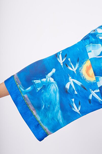 Peraluna Ocean Story Short Kımono Baskılı Saten Kadın Kısa Kimono - Deniz Mavisi
