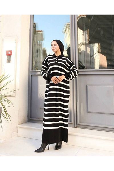 Butik Şenel Black and White Striped Long Knitwear Dress