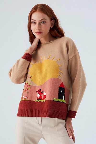 Peraluna Pulover de damă cu model brodat manual Sunny Pullover - Bej/maro