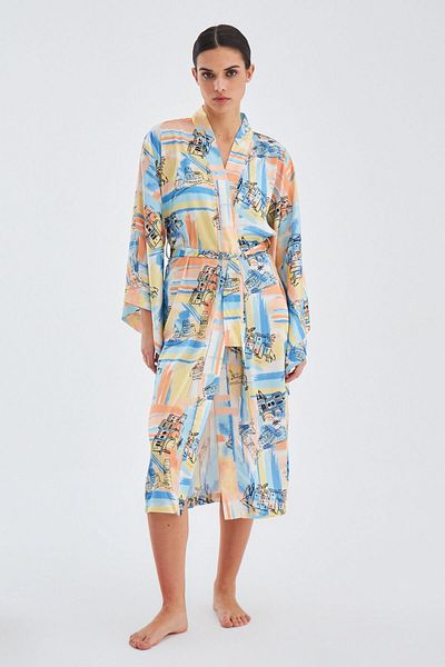 Peraluna Kimono de vară din satin cu model Inaya Kimono 120 cm - Albastru/galben
