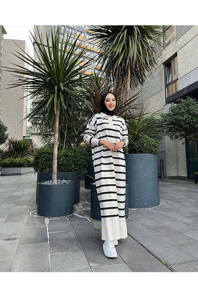 Butik Şenel Black and White Striped Long Knitwear Dress