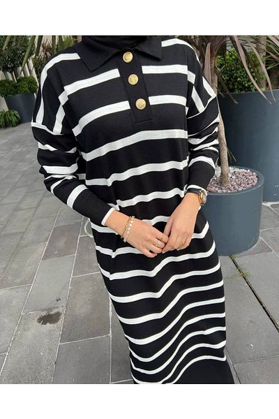 Butik Şenel Black and White Striped Long Knitwear Dress