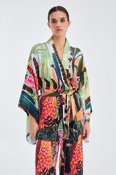 Peraluna Shuko Tropical Patterned Wide Sleeve Satin Women's Kimono - Multi Color